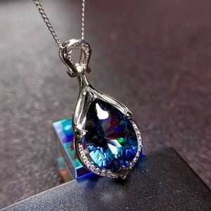 Iridescent Blue Silver Teardrop Necklace